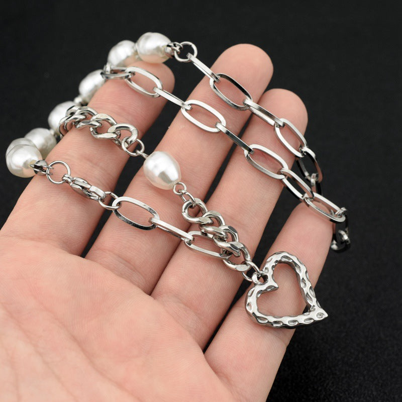 Broadcast Stainless Steel Love Pearl Asymmetric Necklaces