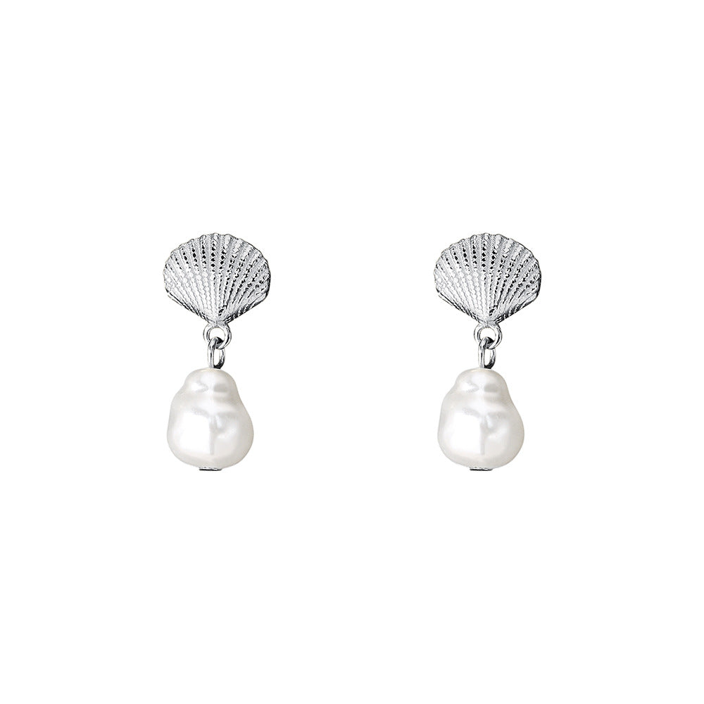 Women's Sterling Sier Imitation Beads Shell Korean Earrings