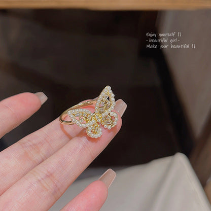 Generous Butterfly Female Opening Adjustable Pearl Zircon Rings