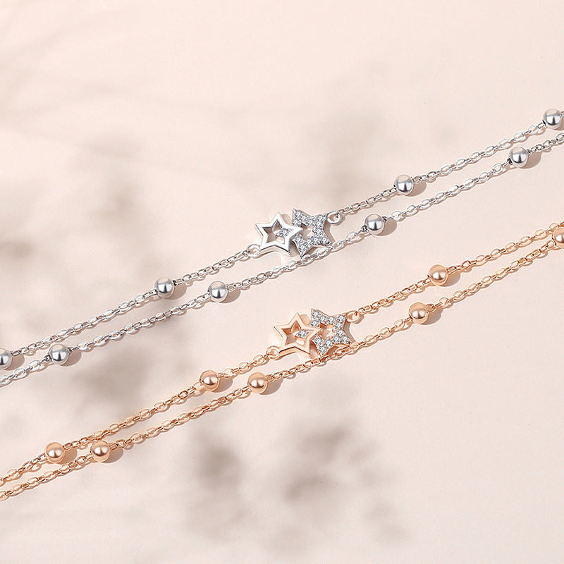 Style Pentagram Platinum Fresh Double Layer Sliver Beads Design Bracelets