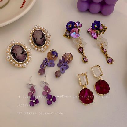 Purple Pearl Diamond Flower Fashion Geometry Pattern Temperament Wild Earrings