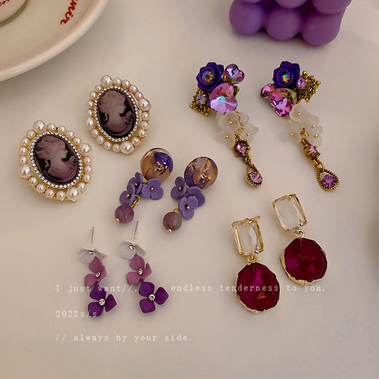 Purple Pearl Diamond Flower Fashion Geometry Pattern Temperament Wild Earrings