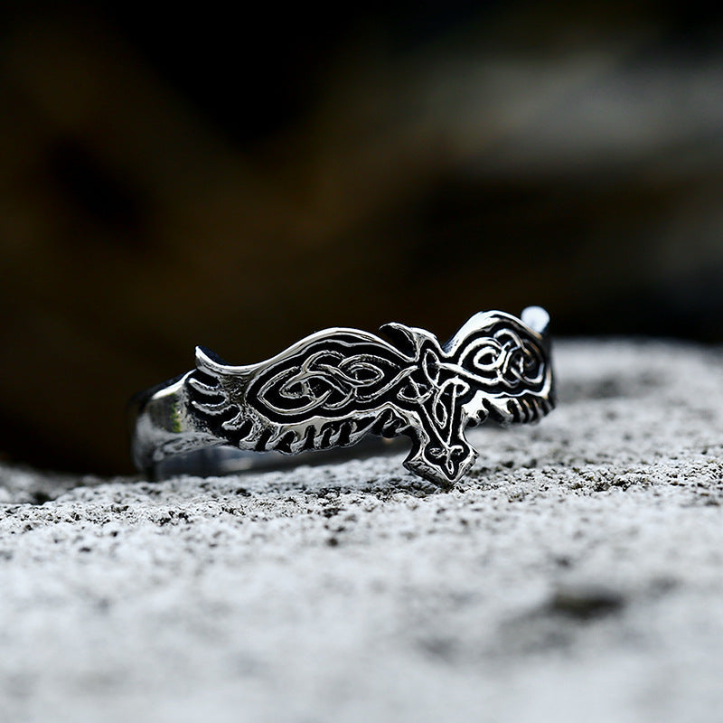 Men's Steel Nordic Viking Celtic Knot Crow Rings