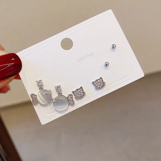 Women's Fashion Sier Set One Card Three Small Ear Needle Earrings