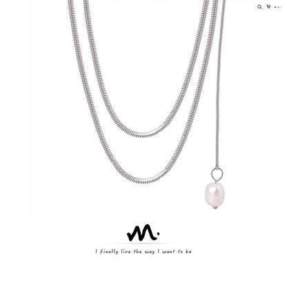 High Sense Niche Design Titanium Steel Pearl Pendant Sweater Necklaces