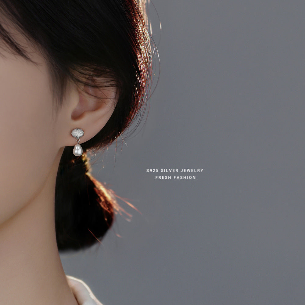 Women's Sterling Sier Imitation Beads Shell Korean Earrings