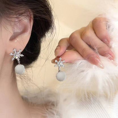 Women's Flash Snowflake Wool Ball Ear Refined Stylish And Earrings