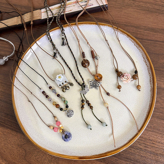 Style Pendant Antique Cord Butterfly Flower Longevity Lock Necklaces