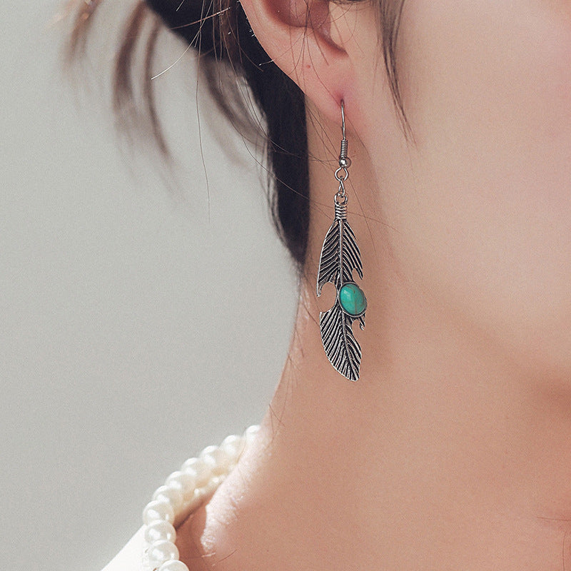 Style Feather Inlaid Turquoise Seaside Holiday Long Earrings