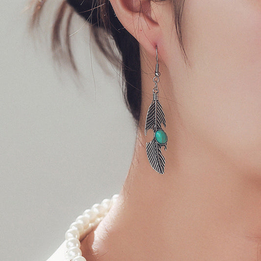 Style Feather Inlaid Turquoise Seaside Holiday Long Earrings