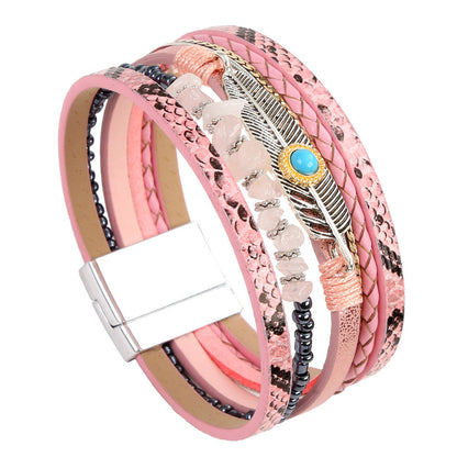 Gravel Feather Leather Creative Vintage Bohemian Turquoise Bracelets