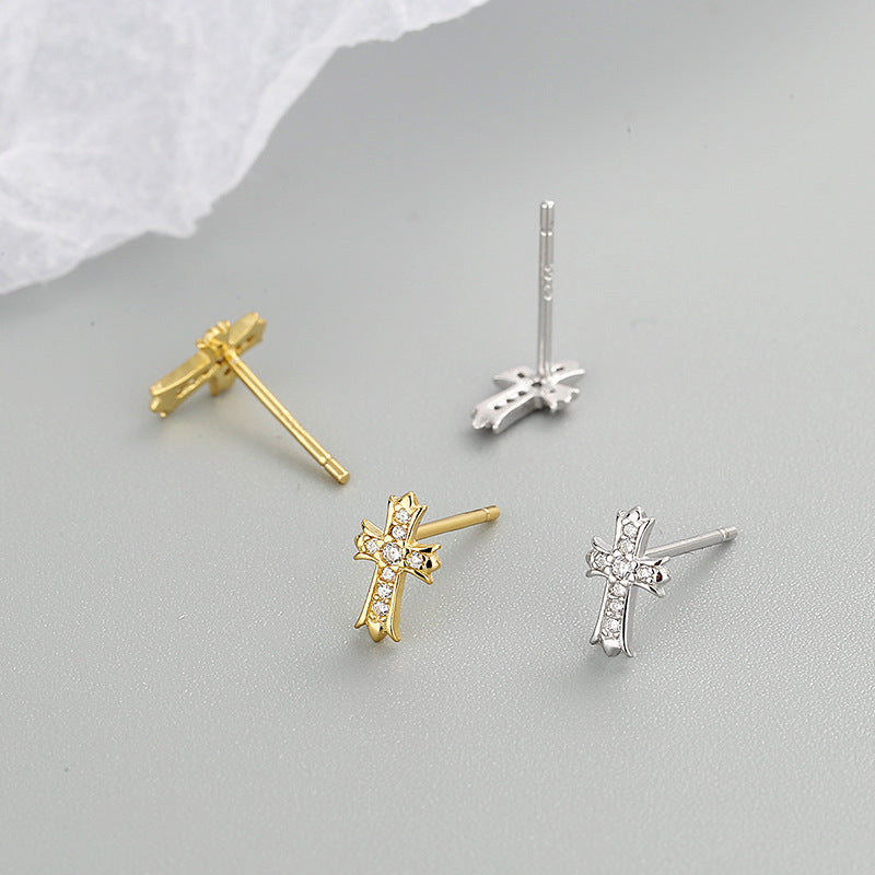 Sier Cross Diamond Zircon Mini Fashionable Simple Earrings