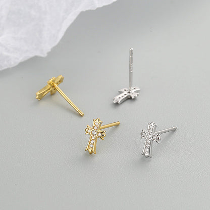 Sier Cross Diamond Zircon Mini Fashionable Simple Earrings