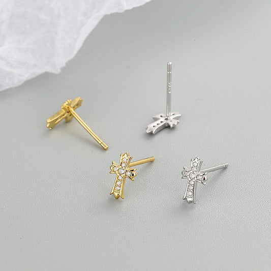 Sier Cross Diamond Zircon Mini Fashionable Simple Earrings