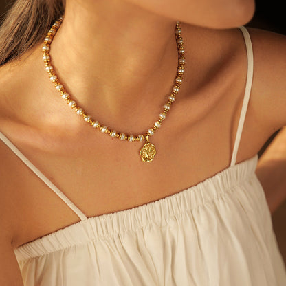Popular Gold Stainless Steel Inlaid Pearl Coin Necklaces