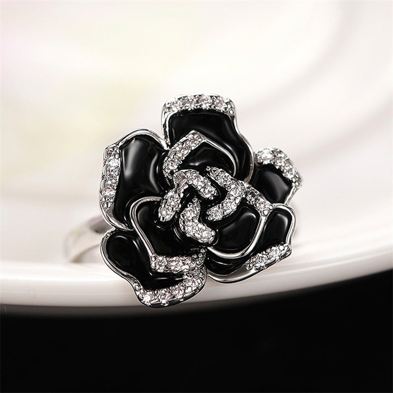 Women's Elegant Retro Enamel Zircon Unique Black Rose Flower Rings