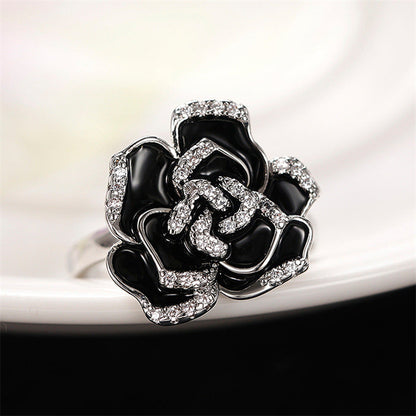 Women's Elegant Retro Enamel Zircon Unique Black Rose Flower Rings