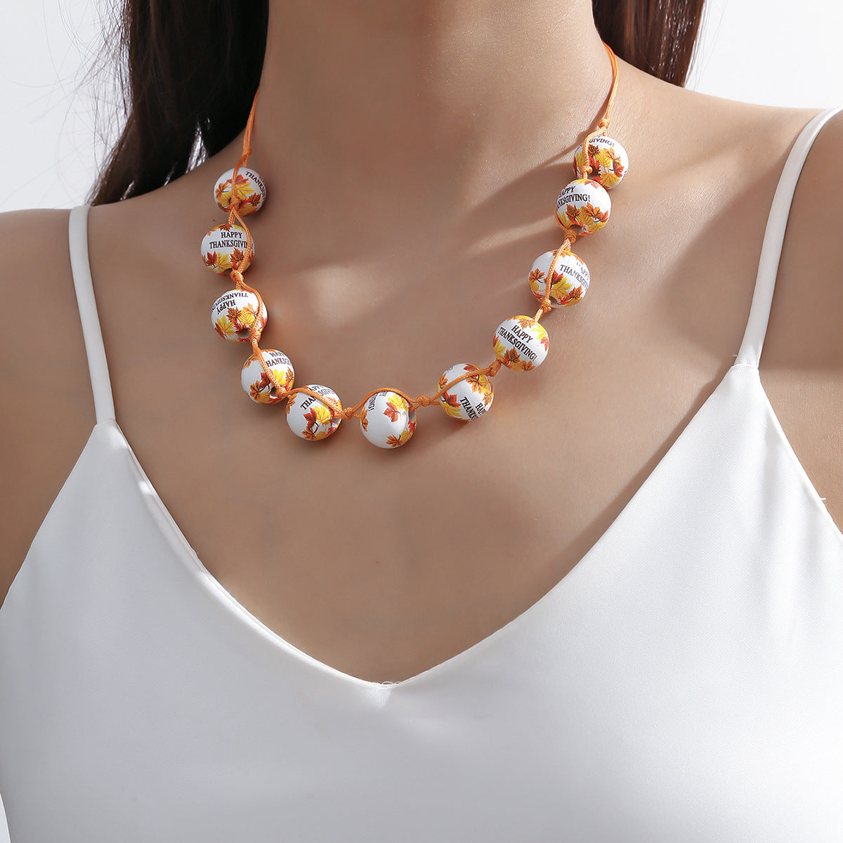 Maple Leaf Printed Wooden Beaded Female Necklaces