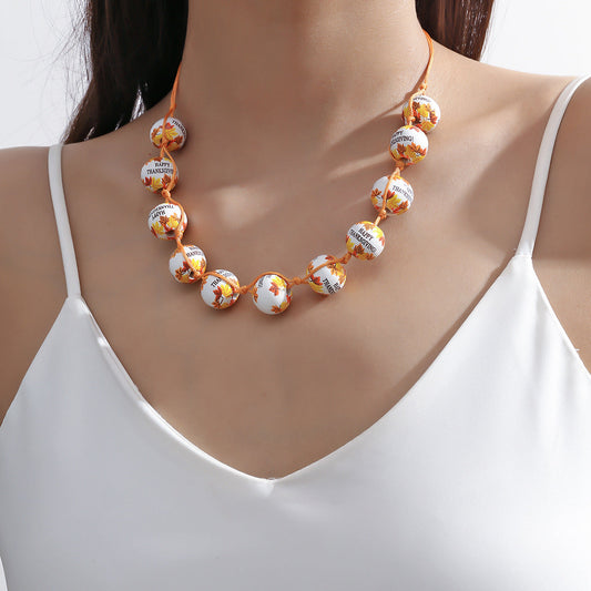 Maple Leaf Printed Wooden Beaded Female Necklaces