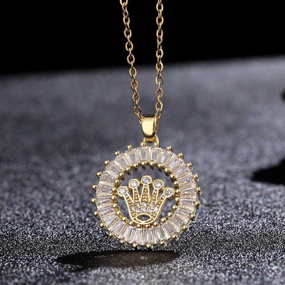 Women's Design Color Zircon Gold Plated Crown Sweet Necklaces