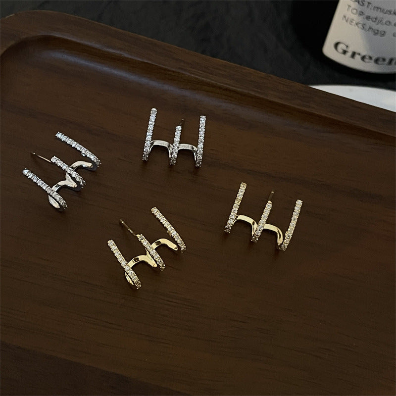 And Compact Three-row Drill Cold Style Personalized Earrings