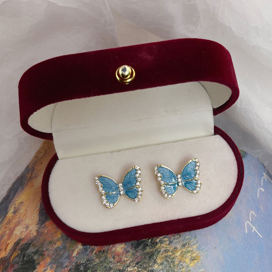 Women's Needle Drip Glazed Rhinestone Blue White Earrings