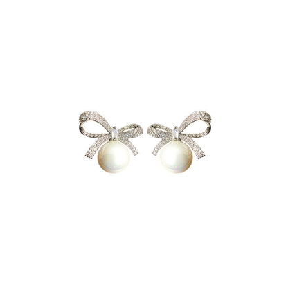 Sier Needle Graceful Bow Pearl Female Earrings