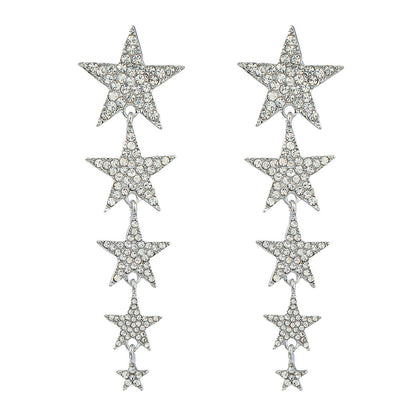 Rhinestone Diamond Five-pointed Star Long Heart Earrings