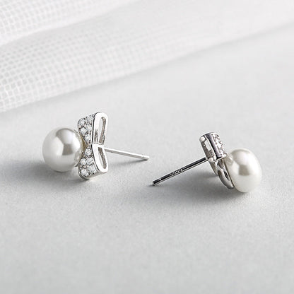 Sweet Pearl Exquisite Inlaid Zircon Bow Earrings