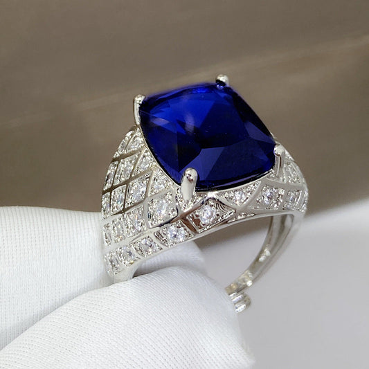 Men's Fat Rectangular Sapphire Full Diamond Group Inlaid Rings