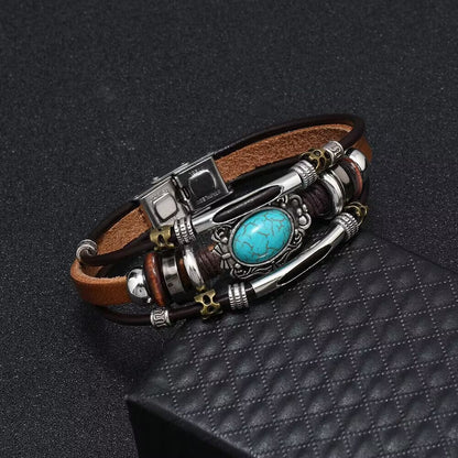 Men's Beaded Leather Bohemia Style Turquoise Stainless Bracelets