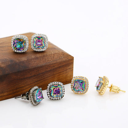 Temperament Wild Colorful Square Zircon Fashion Earrings