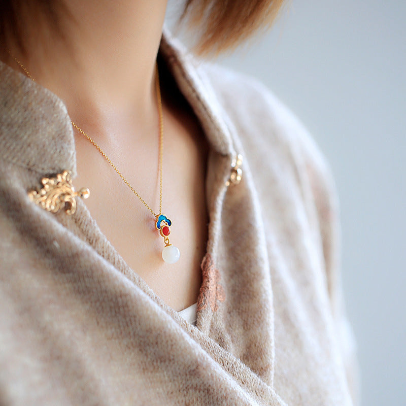 Style Gilding Natural Jade Enamel Pendant Clavicle Female Necklaces