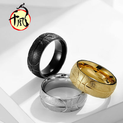 Steel Carved Basketball Frosted Titanium Plated Rings