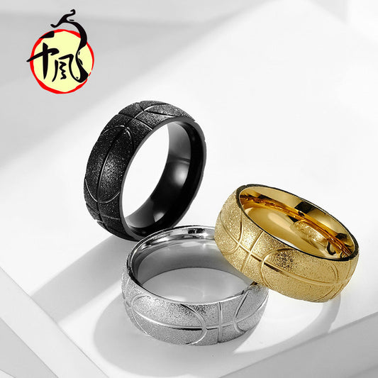 Steel Carved Basketball Frosted Titanium Plated Rings