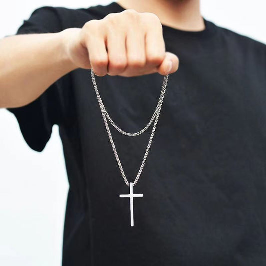 Men's Steel Glossy Cross Hip Hop Versatile Long Sweater Chain Necklaces