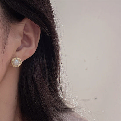Women's Sier Needle Round Pearl For Temperament Wild Niche Earrings