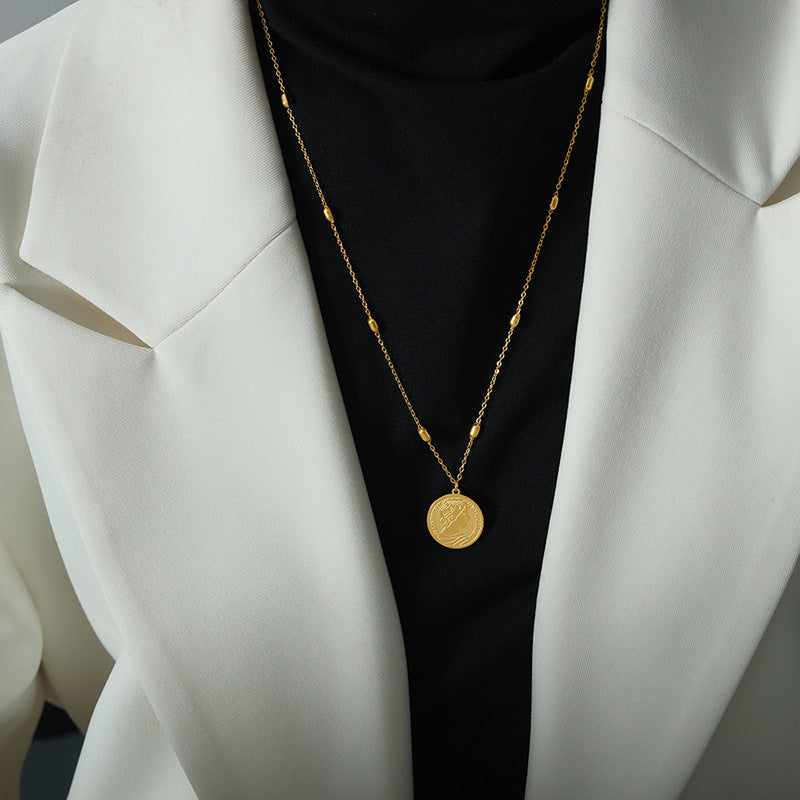 Titanium Steel Gold-plated Cartoon Character Round Pendant Sweater Necklaces