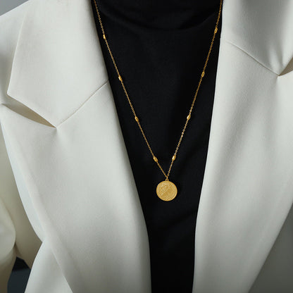 Titanium Steel Gold-plated Cartoon Character Round Pendant Sweater Necklaces