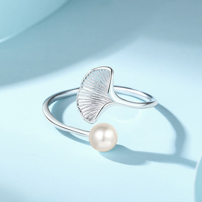 Pearl Ginkgo Leaf Female Sterling Sier Simple Rings