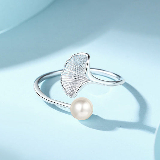 Pearl Ginkgo Leaf Female Sterling Sier Simple Rings