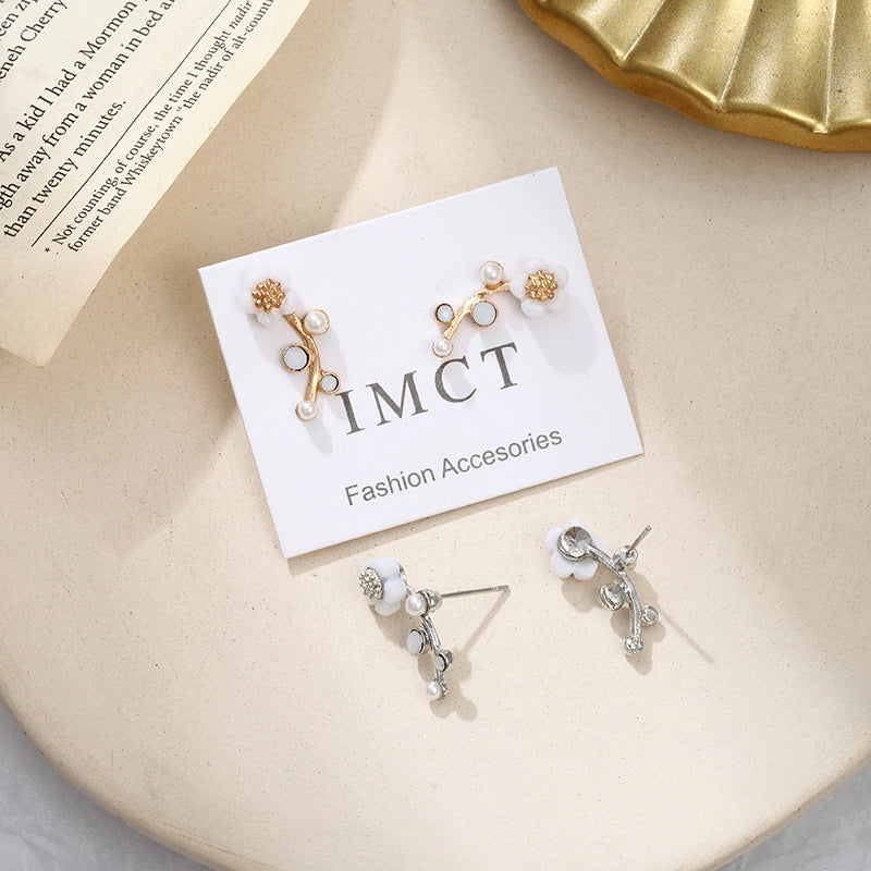 Women's Flower Pearl Gold And Sier Small Earrings