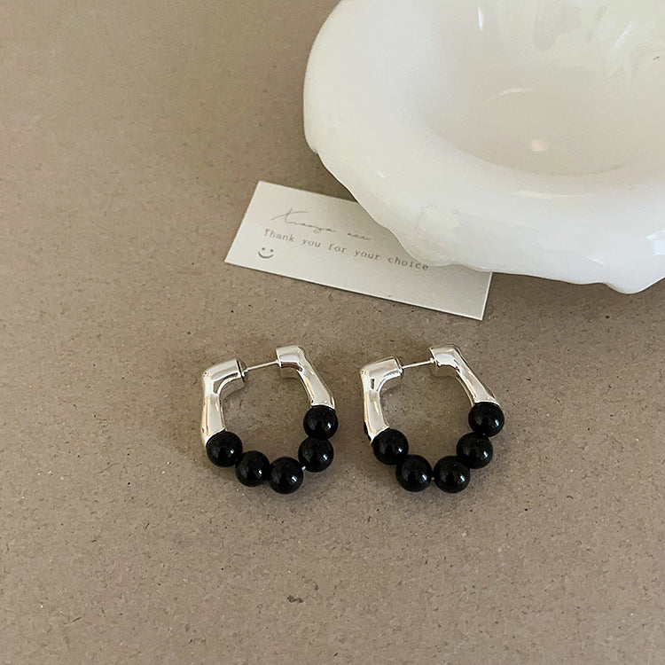 Design Black Natural Stone Pearl Metal Female Niche Retro Earrings