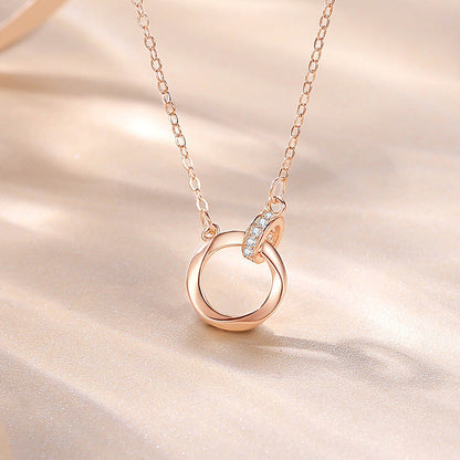 Women's Rose Gold Round Buckle Double Diamond Inlaid Short Clavicle Necklaces