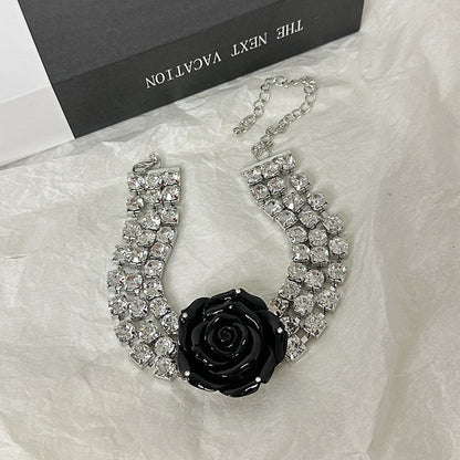 Color Three-dimensional Large Rose Catwalk Temperament Rhinestone Necklaces