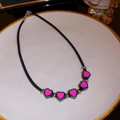 Women's Hot Sweetheart Pink Stars Heart Leather String Niche Necklaces