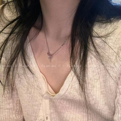 Inlaid Zircon Tassel Female Niche Personality Pink Necklaces