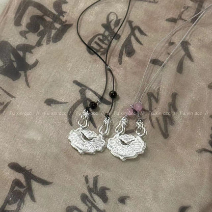 Ancient Chinese Style Koi Lotus Sier Safety Necklaces
