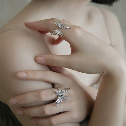 Women's Sier Personality Butterfly Retro Fashion Micro Inlaid Zircon Open Rings