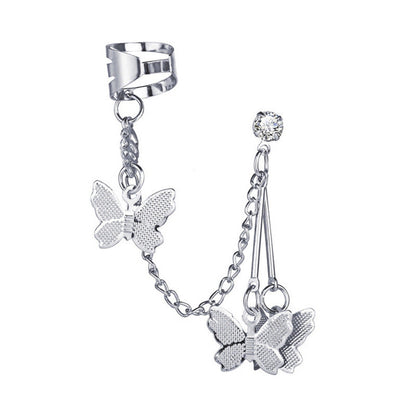 Women's Cool Style Butterfly Ear Clip Fairy Temperamental Long Chain Earrings